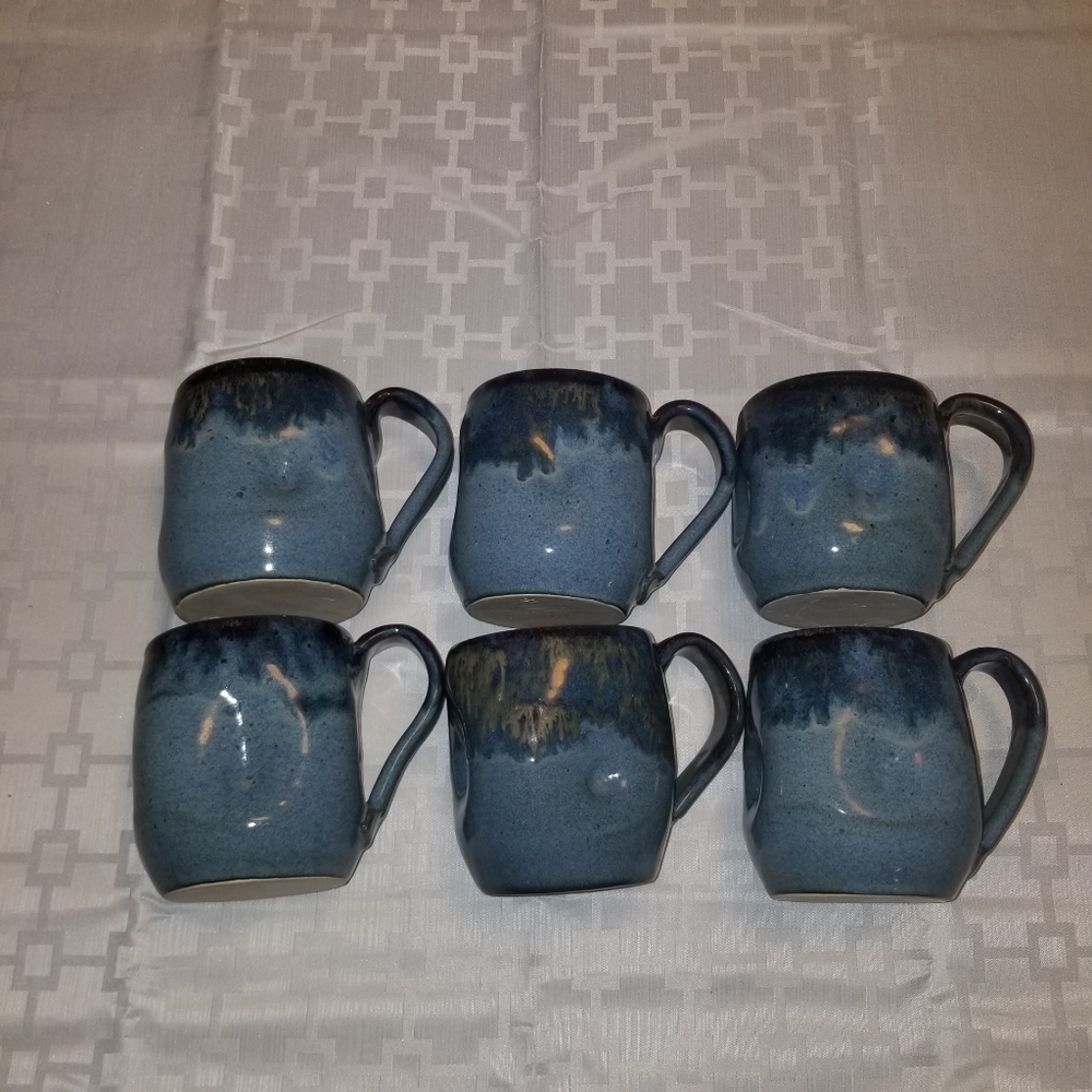 Pottery mugs  blue with drip set of 6